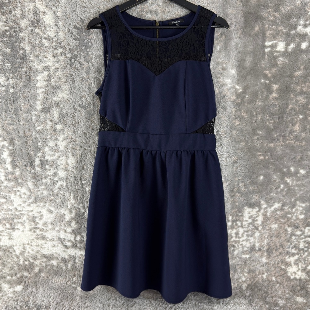 Monteau Size L Lace Trim Fit & Flare Cocktail Dress Navy Blue Sleevelessโ Women